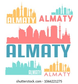 Almaty Kazakhstan Flat Icon Skyline Vector Silhouette Design Set Landmark Logo.