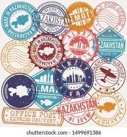 Almaty  Kazakhstan Set of Stamps. Travel Stamp. Made In Product. Design Seals Old Style Insignia.