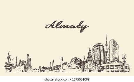 Almaty skyline, Kazakhstan, hand drawn vector illustration, sketch