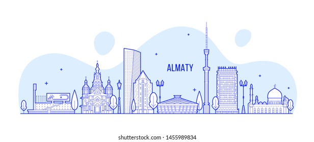 Almaty skyline, Kazakhstan. This illustration represents the city with its most notable buildings. Vector is fully editable, every object is holistic and movable