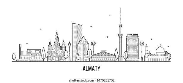 Almaty skyline, Kazakhstan. This illustration represents the city with its most notable buildings. Vector is fully editable, every object is holistic and movable