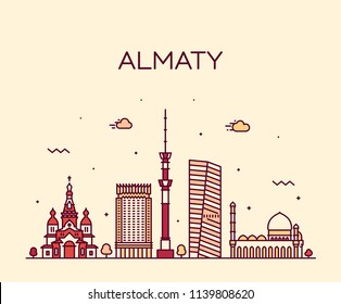 Almaty skyline, Kazakhstan. Trendy vector illustration, linear style