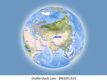 Almaty-Kazakhstan is shown on vector globe map. The map shows Almaty-Kazakhstan 's location in the world.