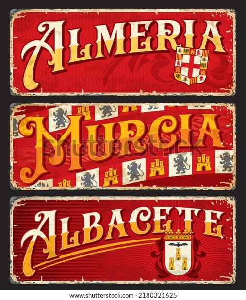 Almeria,\
Murcia, Albacete, Spanish city plates and travel stickers, vector\
luggage tags. Spain cities tin signs and travel plates with\
landmarks, flag emblems and municipality\
symbols