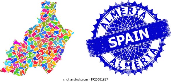 Almeria Province map flat illustration. Spot collage map and unclean seal for Almeria Province. Sharp rosette blue stamp seal with tag and Almeria Province map.