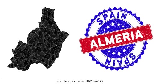 Almeria Province map polygonal mesh with filled triangles, and textured bicolor stamp imitation. Triangle mosaic Almeria Province map with mesh vector model, triangles have various sizes,