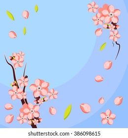 Almond or apricot branch in blossom. Template for greeting card and invitation. Vector illustration