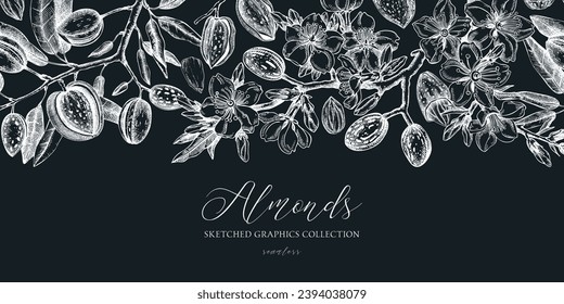Almond background. Blooming branches, almond nuts, flowers, leaves sketches. Hand drawn vector illustration. Vintage seamless pattern. Spring trees border on chalkboard