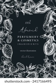 Almond background. Blooming branches, almond nuts, flowers, leaves sketches. Hand drawn vector illustration. Spring trees frame design on chalkboard