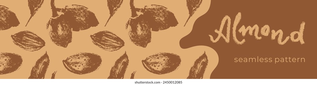 Anuncio de almendras con patrón de almendras sin costuras. Ilustraciones hechas a mano de nueces para Anuncio de Web, envasado de aceite o diseño de etiquetas de pasta de mazapán. Fondo de bocetos florales de Vector, adorno de almendra.