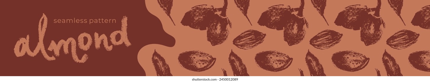 Almond banner with almonds seamless pattern. Hand-drawn illustrations of nuts for web banner, oil packaging or marzipan paste label design. Vector floral sketches background, almond ornament.