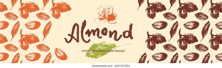 Almond banner background. Almonds seamless pattern. Hand-drawn illustrations of nuts for web banner, oil packaging or marzipan paste label design. Vector floral sketches with almond ornament.