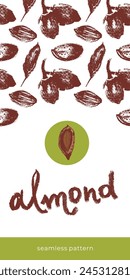 Almond banner background or label template design. Organic almond pattern with almond nuts crayon drawings. Almonds packaging or marzipan paste tag design. Vector botanical background.