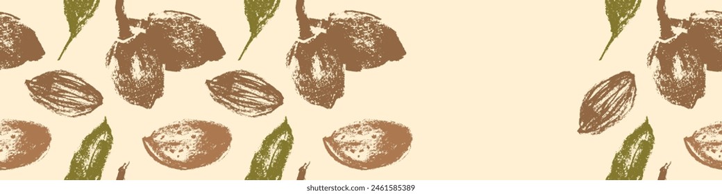 Mandel Banner Hintergrund oder Label Vorlage Design. Organisches Mandelmuster mit Mandelnuss-Kreide-Zeichnungen. Mandelverpackung oder Marzipanpaste-Tag-Design. Botanischer Hintergrund der Vektorgrafik.