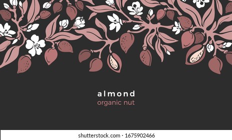 Almond border. Vector pattern of tree, branch, fruit, organic nut, leaves, flower in bloom. Art floral design, vinrage illustration on black background. Farm raw plantation, healthy food