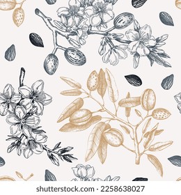 Almond branches vintage background design. Blooming tree twigs with nuts, flowers, leaves backdrop. Floral spring garden background. Botanical vector illustration for packaging, wrapping, prints