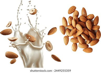 almond breeze splash milk on white background.