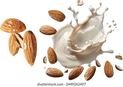 almond breeze splash milk on white background.