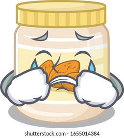 Almond butter cartoon character concept with a sad face