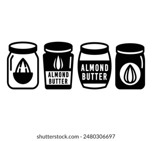 almond butter jar food icons symbol vector design black white color modern illustration set 