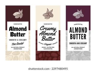 Almond butter labels in modern style. Vector almond illustrations and patterns