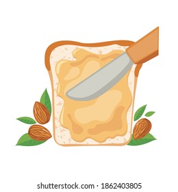 Almond Butter On Bread In Flat Style Isolated On White Background. Delicious Breakfast With Butter Toast. Vector Illustration.