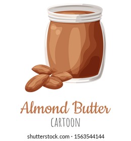 Almond butter spread vector illustration, cartoon isolated colorful nut butter in a jar.