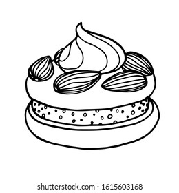 almond cake with nuts,whipped cream & meringue, festive dessert, for decoration, vector illustration with black contour lines isolated on white background in doodle & hand drawn style