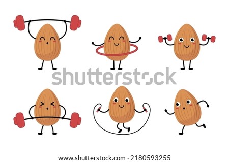 Almond cartoon character exercising vector illustrations set. Collection of doodles of cute comic nut doing workout at gym isolated on white background. Sports, healthy lifestyle concept
