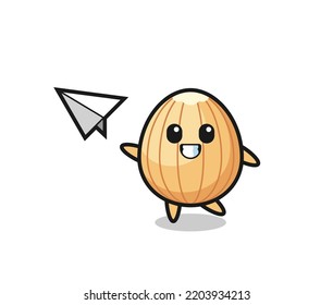 almond cartoon character throwing paper airplane , cute design