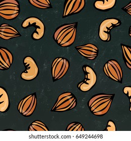 Almond and Cashew Nuts Seamless on a Black Chalkboard Background.. Food Pattern. Realistic Vector Illustration Isolated Hand Drawn Doodle or Cartoon Style Sketch.