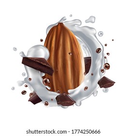 Almond with chocolate pieces and a milk splash.