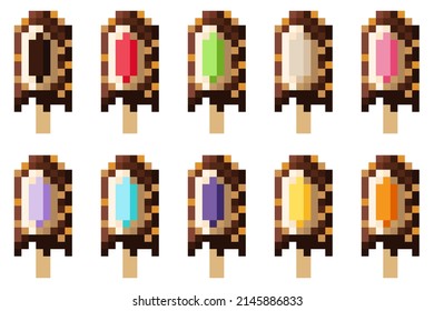 Almond chocolate-covered ice cream stuffed with fruit pixel art set. Vector illustration.