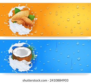 Almond, coconut and milk splash. Nuts in yogurt white splash 3d realistic vector illustration