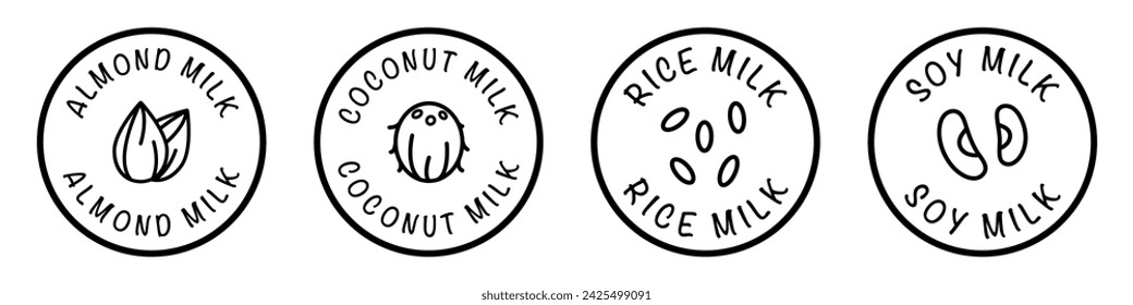 Almond, coconut, rice, soy milk - round labels collection for bottle or package.