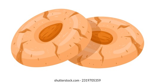 Almond cookies. Chinese cookies topped with almonds, asian biscuit dessert flat vector illustration