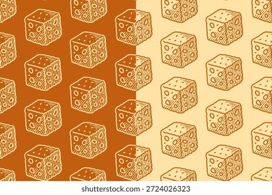 Almond cube cake engraving seamless pattern on brown beige background set for merchandise. Dairy block hatching pattern background for pastry. Cheese bite dessert line art motif wallpaper for bakery