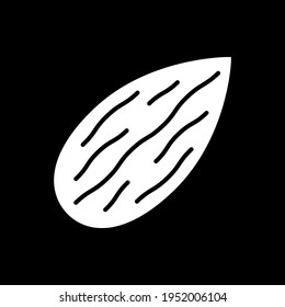 Almond dark mode glyph icon. Raw nut kernel. Nutrient food for healthy eating. Dietary and nutrition. Foodstuff. White silhouette symbol on black space. Vector isolated illustration