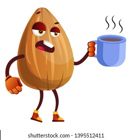 Almond drinking his first coffee in the morning, illustration, vector on white background.