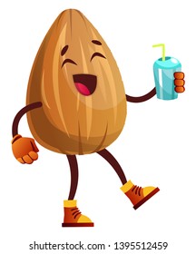 Almond drinking soda from blue cup, illustration, vector on white background.