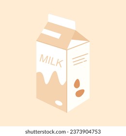 Almond flavoured organic milk carton. Box of almond milk. Vector illustration cartoon vector style.