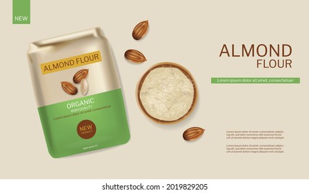 Almond flour vector realistic package. Product placement mock up detailed label design