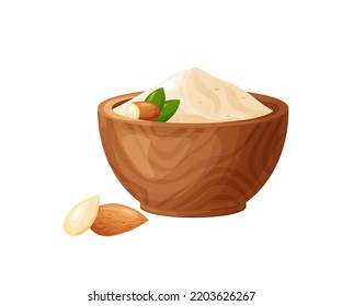 Almond flour in wooden bowl with seeds. Healthy gluten free food. Powde in organic product. Vector illustration isolated on white background.