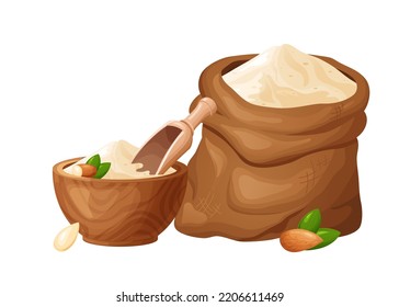 Almond flour in wooden bowl with seeds. Healthy gluten free food. Powde in organic product. Vector illustration isolated on white background.