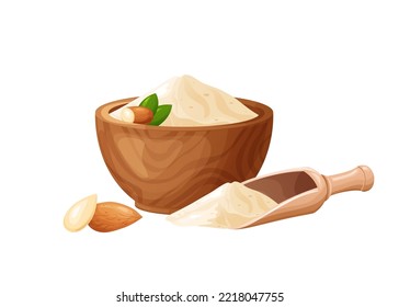 Harina de almendra en tazón de madera con semillas. Alimentos sanos sin gluten. Polvo en producto orgánico. Ilustración vectorial aislada en fondo blanco.