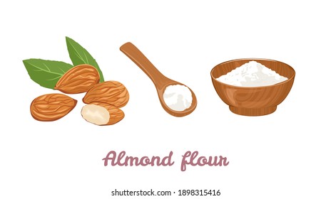 Almond flour in wooden spoon, bowl and pile of nuts isolated on white background. Vector illustration of healthy organic food in cartoon flat style.