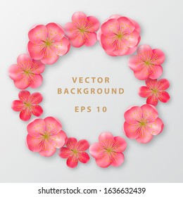 Almond flowers frame on white background. Realistic design template for spring, mom, wedding, beauty, cosmetic card or square banner. Vector illustration