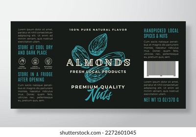 Almond Food Label Template. Abstract Vector Packaging Design Layout. Modern Typography Banner with Hand Drawn Nuts Background. Isolated