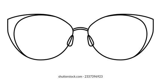 Almond frame glasses fashion accessory illustration. Sunglass front view for Men, women, unisex silhouette style, flat rim spectacles eyeglasses with lens sketch outline isolated on white background