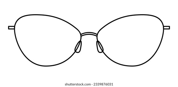 Almond frame glasses fashion accessory illustration. Sunglass front view for Men, women, unisex silhouette style, flat rim spectacles eyeglasses with lens sketch outline isolated on white background